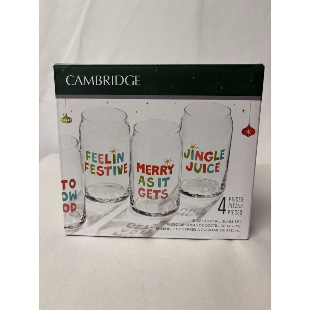 Cambridge Jingle Juice Holiday Coctail Glass Set of 4-Christmas 16oz Tumblers